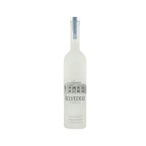 Belvedere Vodka bottle with frosted glass and Polish palace design, 1L, 40% alcohol