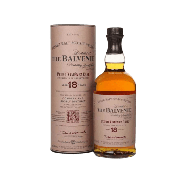 The Balvenie 18-Year-Old Pedro Ximénez Cask single malt Scotch whisky bottle and packaging