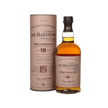 The Balvenie 18-Year-Old Pedro Ximénez Cask single malt Scotch whisky bottle and packaging