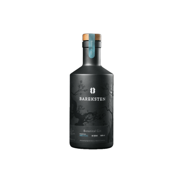 Bareksten Botanical Gin black bottle with cork, elegant dark label, premium spirits