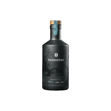 Bareksten Botanical Gin black bottle with cork, elegant dark label, premium spirits