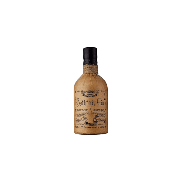 Bottle of Bathtub Gin wrapped in vintage brown paper with black cap and decorative label