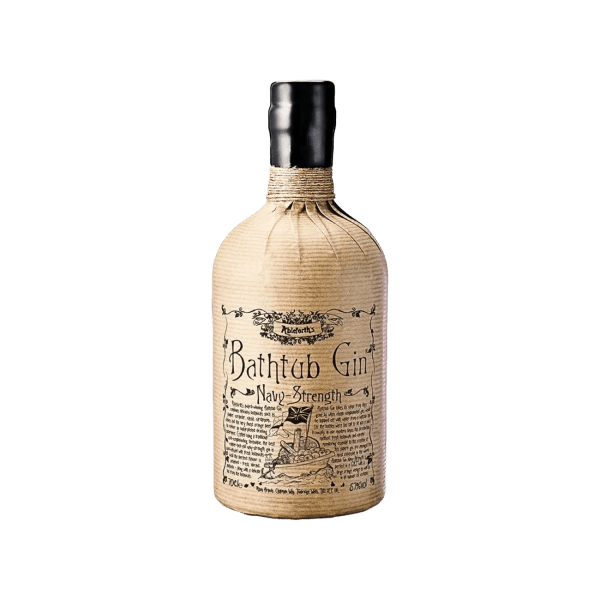 Bottled Bathtub Gin Navy Strength wrapped in brown paper with black cap and vintage-style label