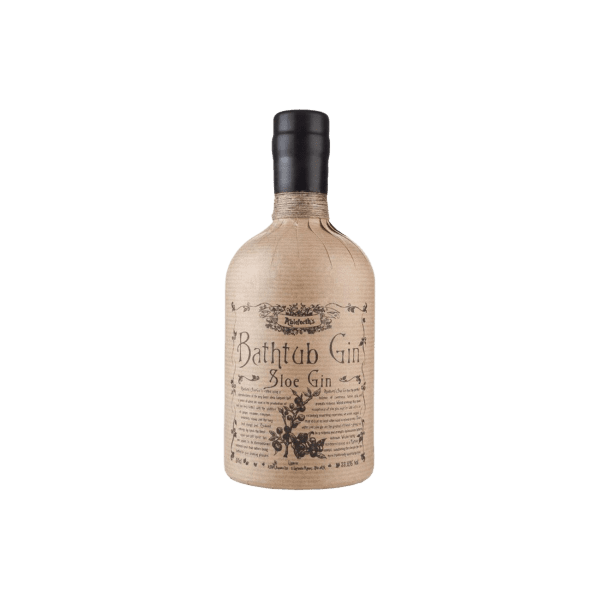 Bathtub Gin Sloe Gin bottle with beige paper wrapping and black cap on white background