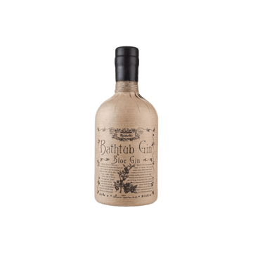 Bathtub Gin Sloe Gin bottle with beige paper wrapping and black cap on white background