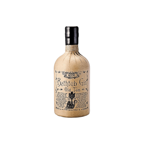 Bathtub Gin Old Tom in vintage-style beige wrapped bottle with black cat illustration and black cap