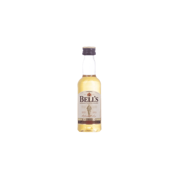 Miniature bottle of Bell's blended Scotch whisky on transparent background