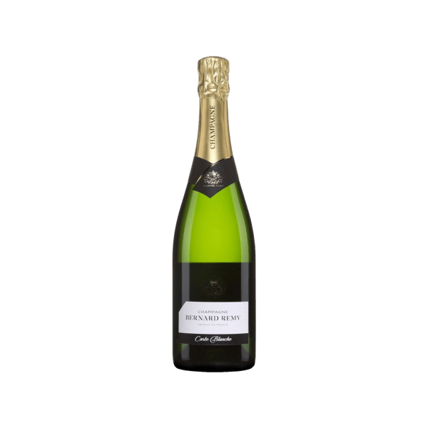 Bernard Remy Champagne bottle with gold foil and white label on a transparent background