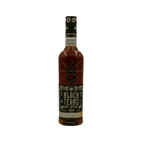 Black Tears Dry Spiced Rum bottle with dark label and decorative beige text on transparent background