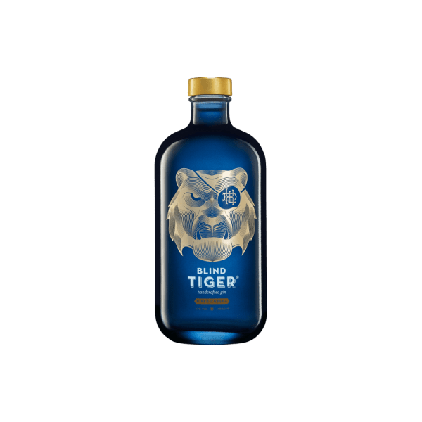 Blind Tiger handcrafted gin in blue bottle with gold tiger design on label
