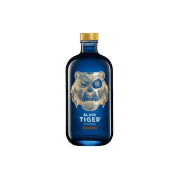 Blind Tiger handcrafted gin in blue bottle with gold tiger design on label