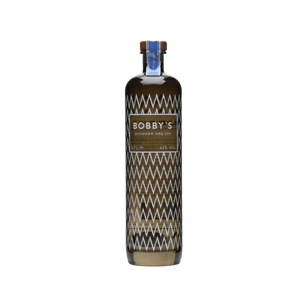 Bottle of Bobby's Schiedam Dry Gin with distinctive zigzag pattern and blue seal