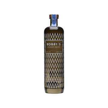 Bottle of Bobby's Schiedam Dry Gin with distinctive zigzag pattern and blue seal