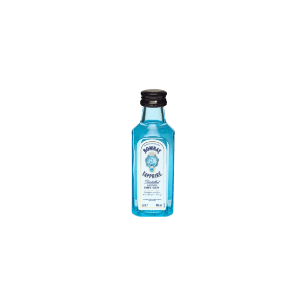 Small Bombay Sapphire distilled dry gin bottle with blue liquid and black cap