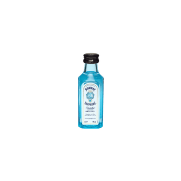 Small Bombay Sapphire distilled dry gin bottle with blue liquid and black cap