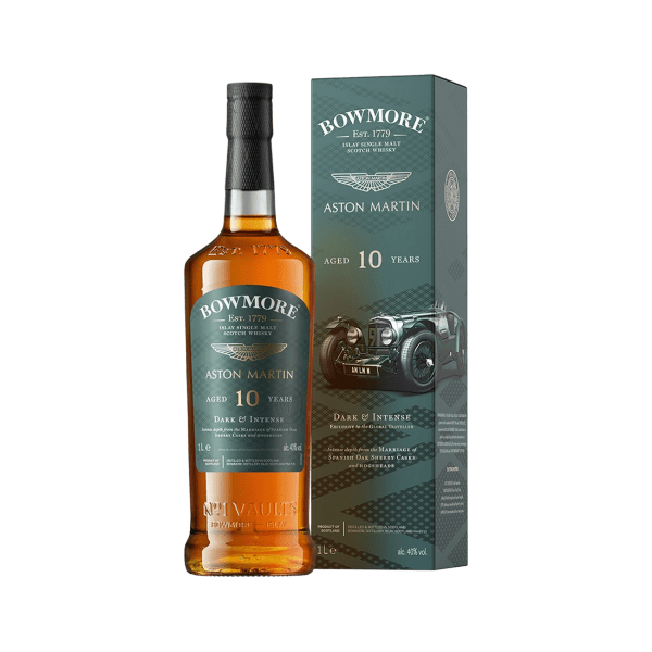 Bowmore Aston Martin 10 Year Old single malt whisky bottle with branded gift box