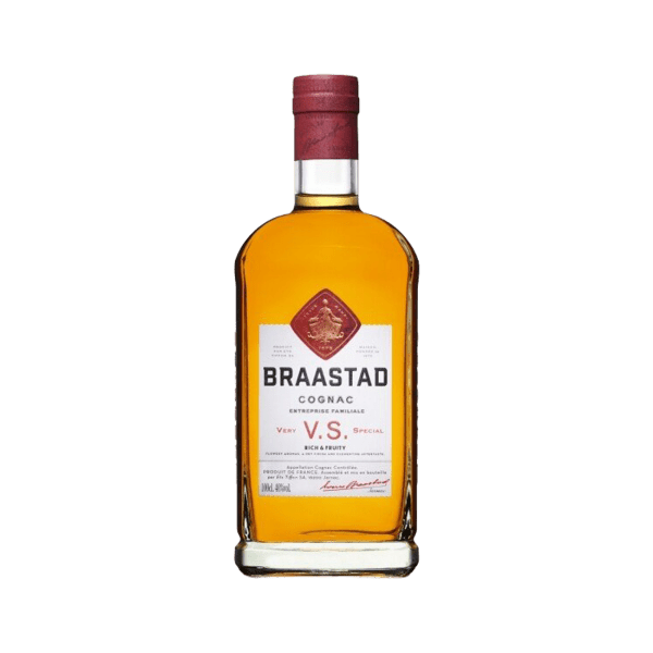 Braastad VS Cognac bottle with amber liquid, red cap, and white label featuring brand and product details