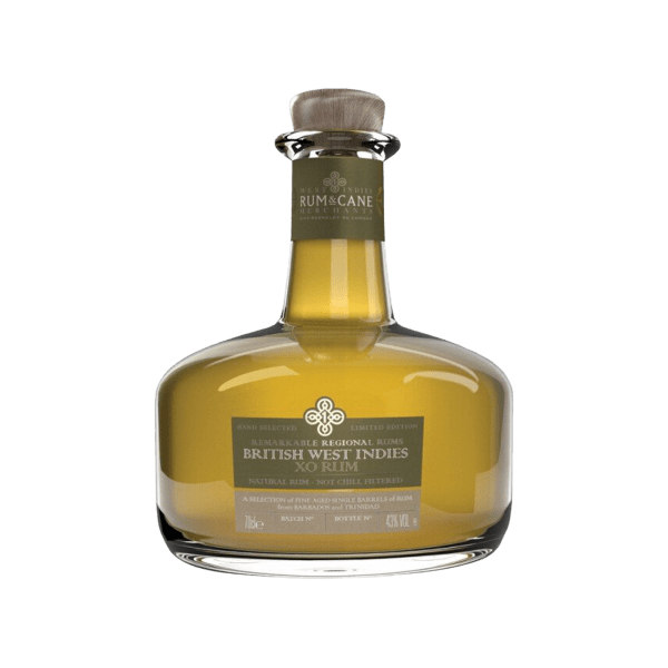 British West Indies XO rum in a unique, wide glass bottle with wooden cork stopper