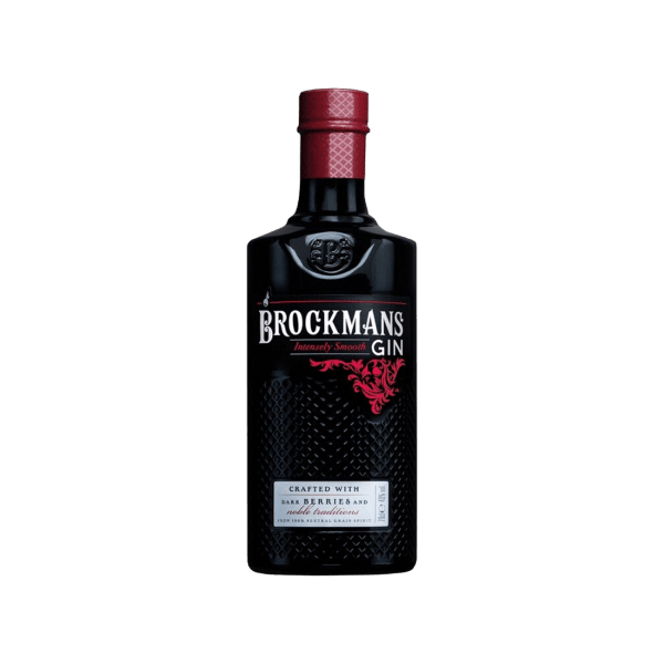 Brockmans Intensely Smooth Gin bottle with dark berries branding and red label accents