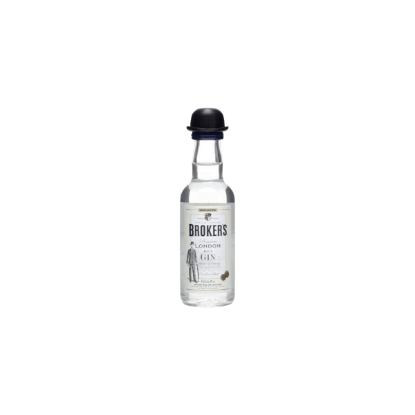 Mini bottle of Broker's London Dry Gin with distinctive hat cap on clear background