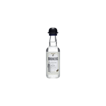 Mini bottle of Broker's London Dry Gin with distinctive hat cap on clear background