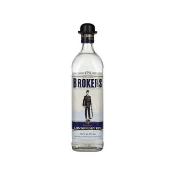 Broker's Genuine London Dry Gin bottle with bowler hat cap and vintage label