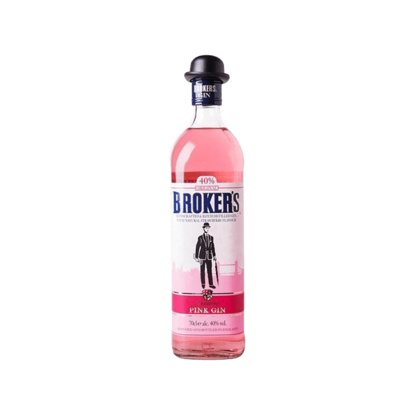 Bottle of Broker's Pink Gin with a distinctive bowler hat cap, 40% alcohol, handcrafted in England