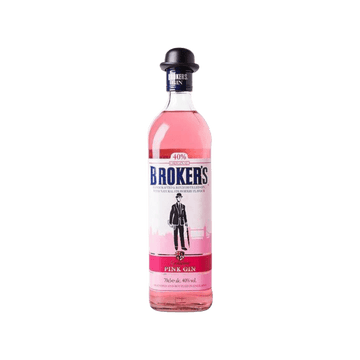 Bottle of Broker's Pink Gin with a distinctive bowler hat cap, 40% alcohol, handcrafted in England
