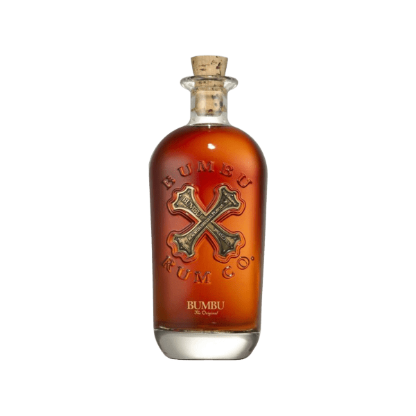 Bumbu The Original rum bottle with cork and gold X logo on clear background