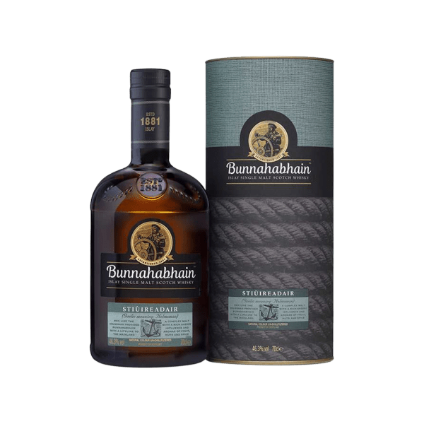 Bunnahabhain Stiùireadair Islay single malt Scotch whisky bottle with matching textured tube packaging