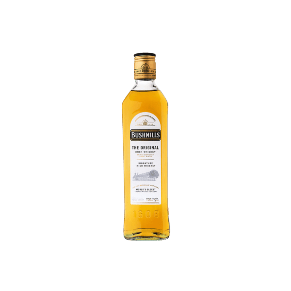 Bushmills The Original Irish whiskey bottle with clear label on white background