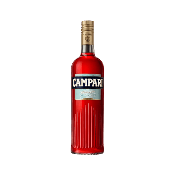 Red Campari bottle with gold cap and Milano label on transparent background