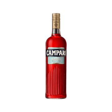Red Campari bottle with gold cap and Milano label on transparent background