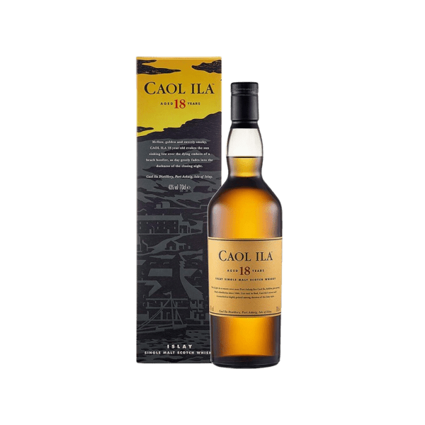 Caol Ila 18 Years aged Islay single malt Scotch whisky bottle with black and yellow box