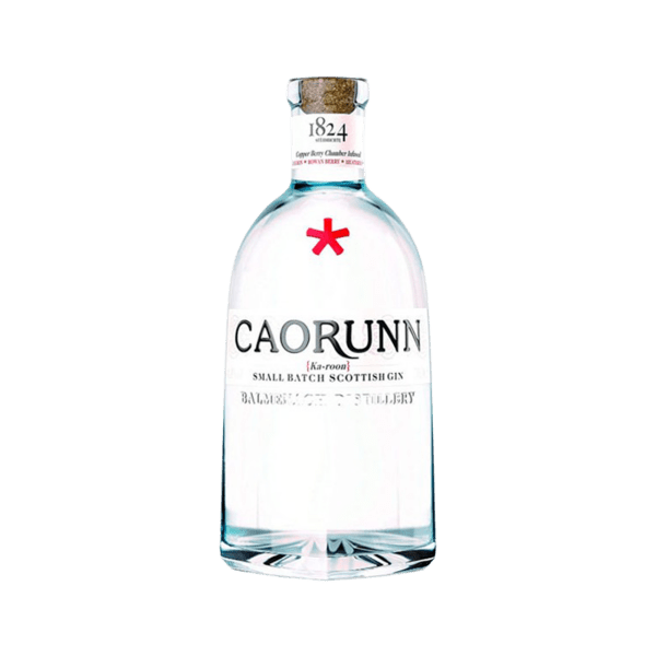 Caorunn small batch Scottish gin bottle with cork cap and red asterisk logo