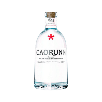 Caorunn small batch Scottish gin bottle with cork cap and red asterisk logo