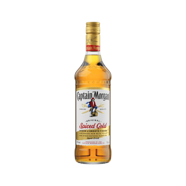 Captain Morgan Spiced Gold rum bottle with clear label and gold liquid
