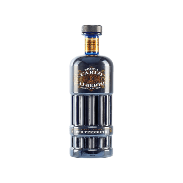 Riserva Carlo Alberto Red Vermouth bottle with gold label and elegant blue glass design