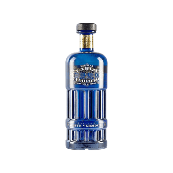 Elegant blue glass bottle of premium white vermouth with gold and silver label accents