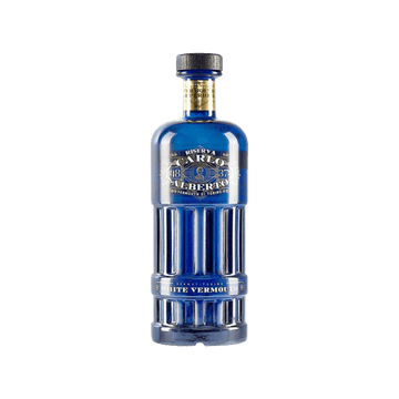 Elegant blue glass bottle of premium white vermouth with gold and silver label accents