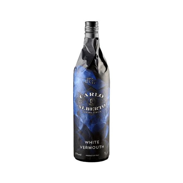 Carlo Alberto White Vermouth bottle with dark blue and black label, 1 liter, Italian aperitif