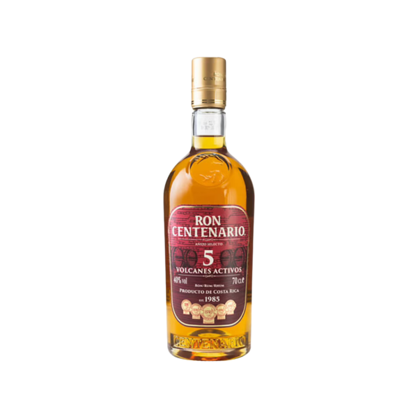 Ron Centenario 5 Volcanes Activos aged rum bottle with gold cap, 70cl, Costa Rica
