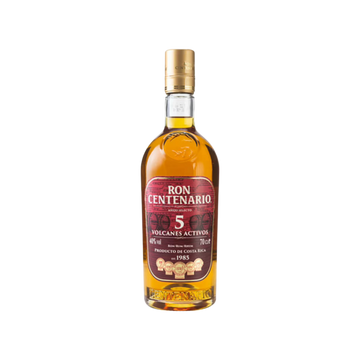 Ron Centenario 5 Volcanes Activos aged rum bottle with gold cap, 70cl, Costa Rica
