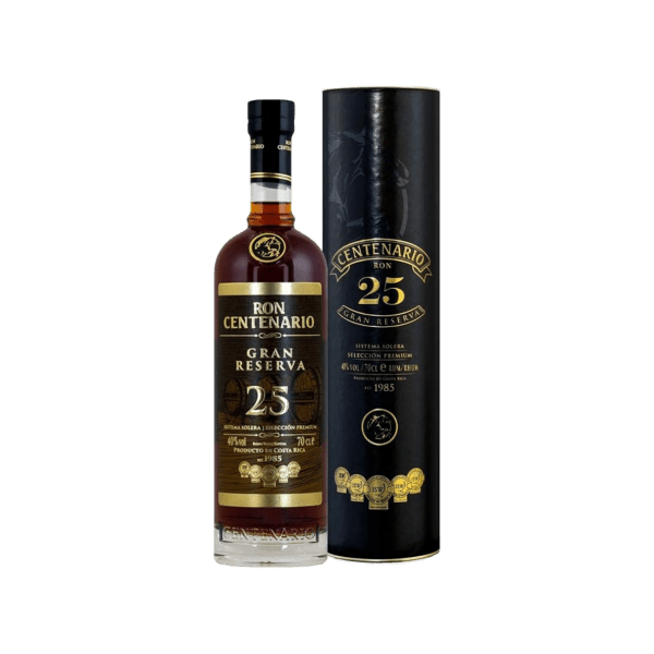 Ron Centenario 25 Gran Reserva aged rum bottle with black and gold gift box