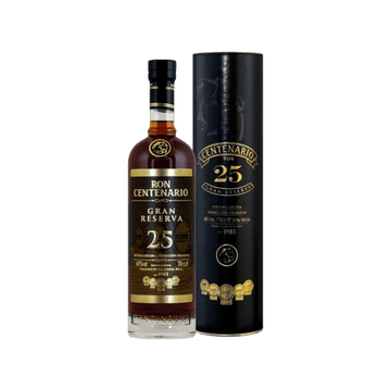 Ron Centenario 25 Gran Reserva aged rum bottle with black and gold gift box