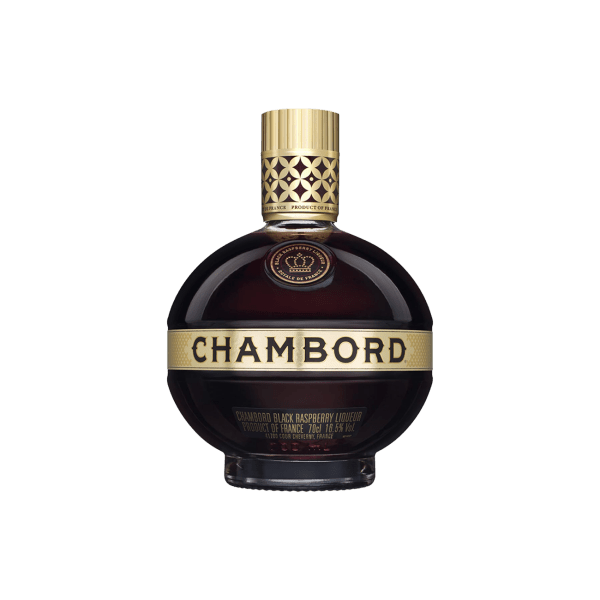 Chambord black raspberry liqueur bottle with gold label and crown emblem