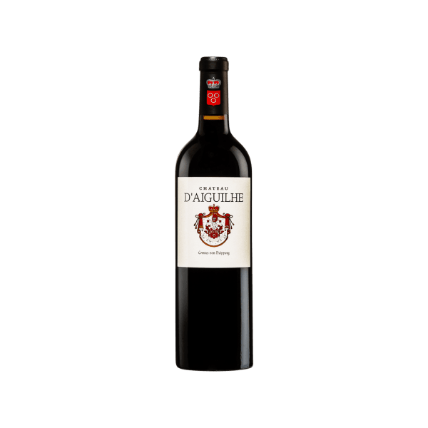 Bottle of Chateau d'Aiguilhe red wine with decorative crest label