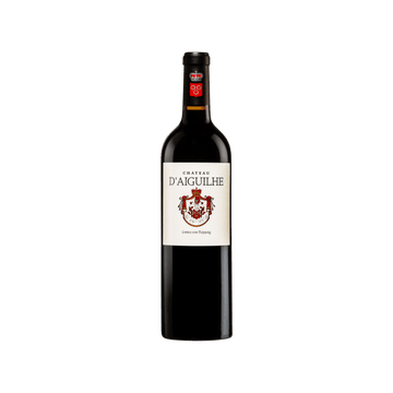 Bottle of Chateau d'Aiguilhe red wine with decorative crest label
