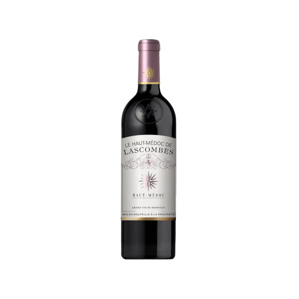 Bottle of Le Haut-Médoc de Lascombes red wine from Bordeaux with white label and purple capsule