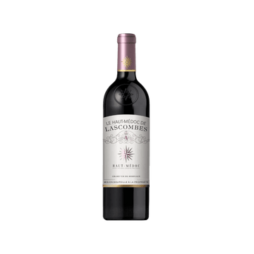 Bottle of Le Haut-Médoc de Lascombes red wine from Bordeaux with white label and purple capsule